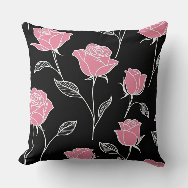 Coussin Roses roses roses sur noir (Recto)