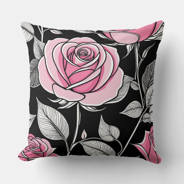Coussin Roses roses sur noir (Recto)