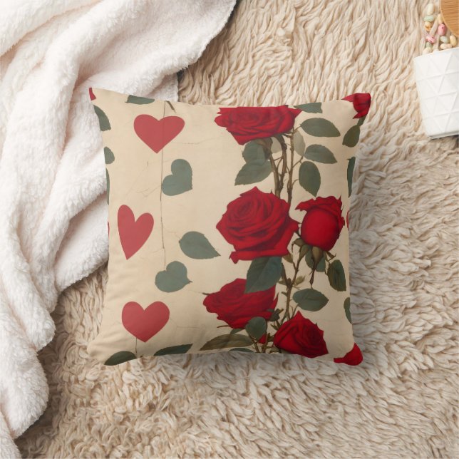 Coussin Roses rouges avec Coeurs Motif romantique (Couverture)
