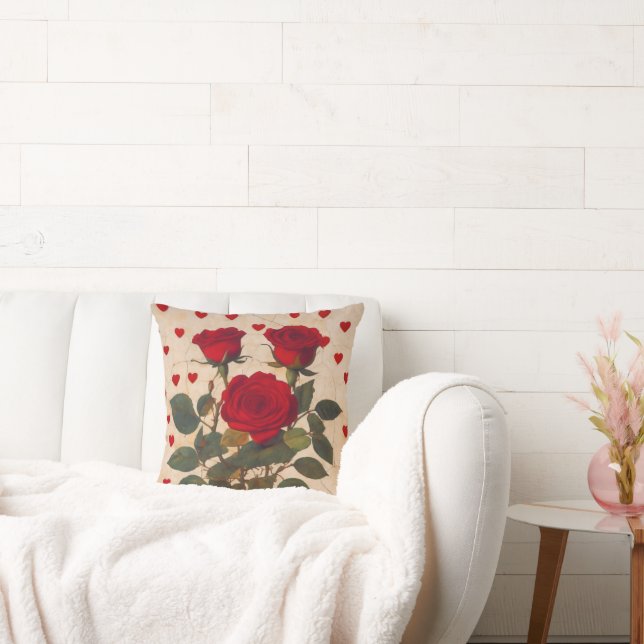Coussin Roses rouges avec Coeurs Saint-Valentin Romantique (Canapé)