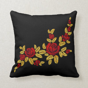 Coussin Roses rouges brodées Feuilles d'or Noir