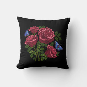 Coussin Roses rouges brodées Papillon bleu Feuille vert