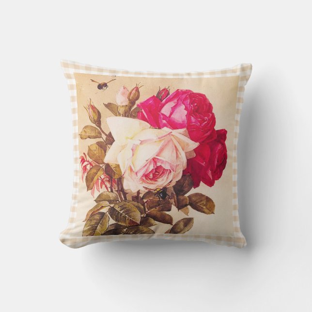 Coussin Roses rouges et roses romantiques victoriens (Recto)