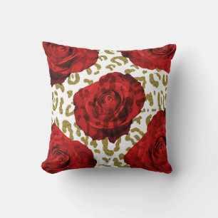 Coussin Roses Rouges Guépard Doré Imprimé Animalier Léopar