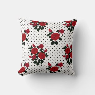 Coussin Roses rouges sur un arrière - plan à pois de polka