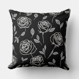 Coussin Roses stylisés blancs sur noir