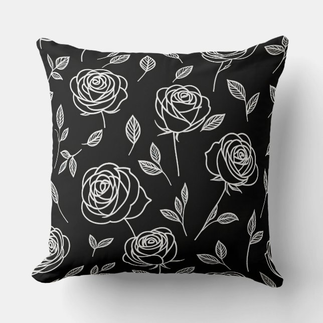 Coussin Roses stylisés blancs sur noir (Recto)