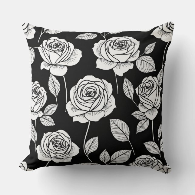 Coussin Roses stylisés noirs et blancs (Recto)