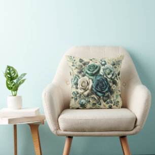 Coussin Roses turquoises et blanches