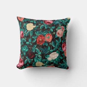 Coussin Roses victoriennes vintage sur fond rayé noir et g