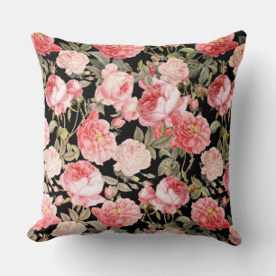 Coussin Roses victoriens roses sur Motif noir