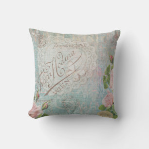 Coussin Roses Vintages français et Heart Collage Bleu