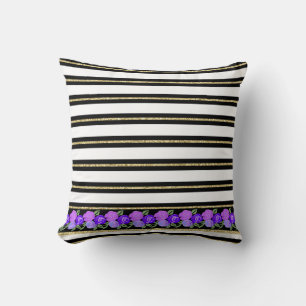 Coussin Roses violets sur noir, blanc, Gold Stripes Cushio