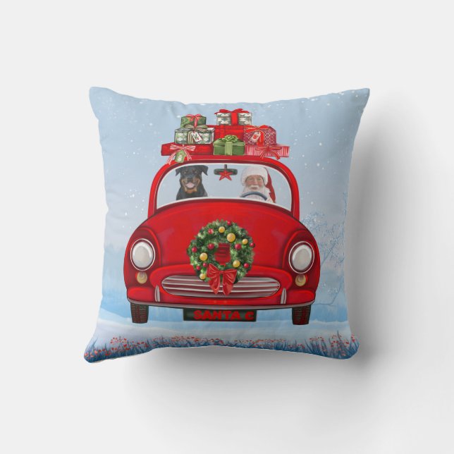 Coussin Rottweiler Chien En Voiture Avec Le Père Noël (Verso)