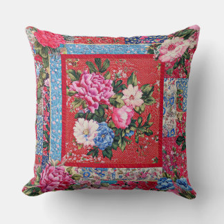 Coussin Rouge à l'air brodé Chinoiserie Peony Patchwork