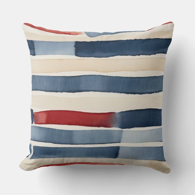 Coussin Rouge Blanc bleu et beige rayures Abstraites (Recto)