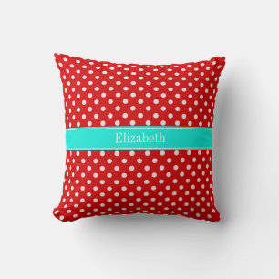 Coussin Rouge Blanc Pois brillant Aqua Nom Monogramme