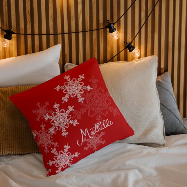 Coussin Rouge Blanc Snowflakes Minimaliste Nom de Noël (Créateur téléchargé)