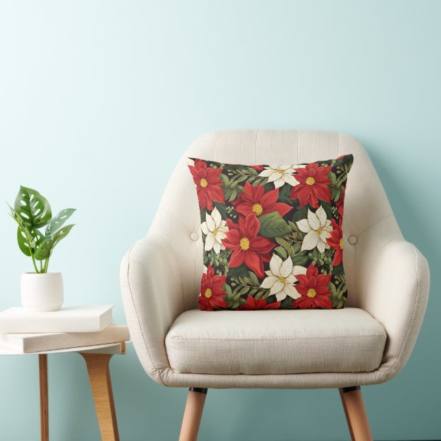 Coussin Rouge Blanc Vert Poinsettia Fleurs Motif (Chaise)