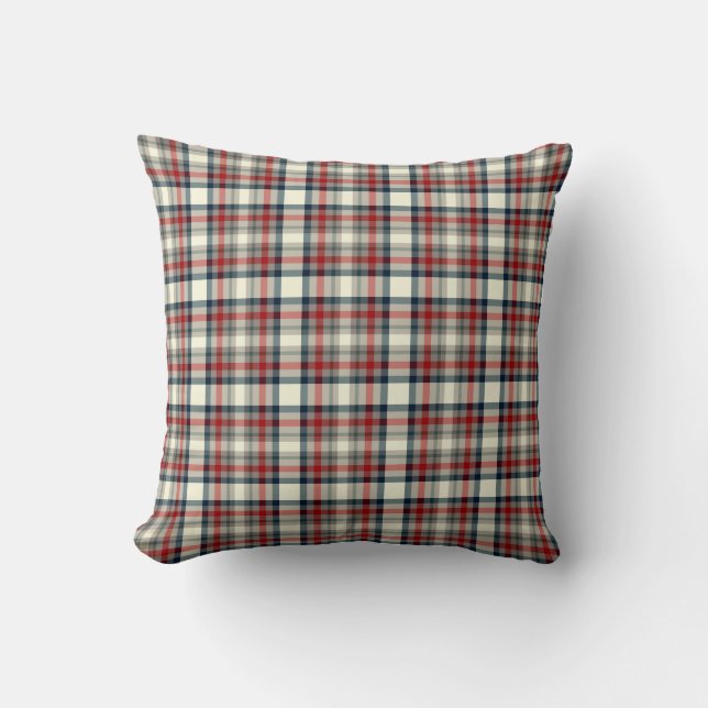 Coussin Rouge, bleu marine et motif de plaid de gris (Recto)