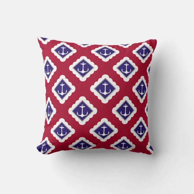 Coussin Rouge, bleu marine, motif nautique d'Ancres (Recto)