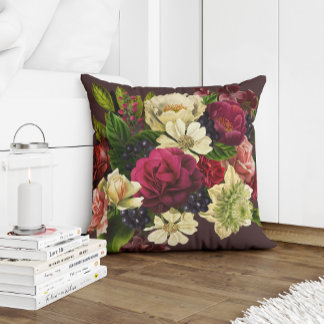 Coussin Rouge bordeaux grenat vert et fleurs crème