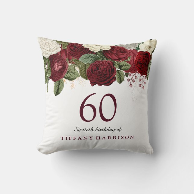 Coussin Rouge Bourgogne Rose 60e anniversaire Cadeau (Recto)
