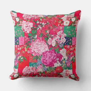 Coussin Rouge brillant Chinoiserie Patchwork Floral