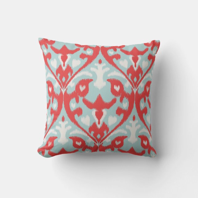 Coussin rouge chic moderne d'ikat de turquoise (Recto)