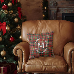 Coussin Rouge Classique à Carreaux Monogramme Noël Fêtes