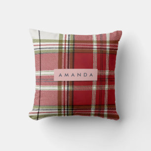Coussin Rouge Classique Personnalisé et Carreaux Olive