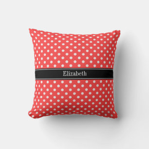 Coussin Rouge Corail, Points Blancs Nom Monogrammé Noir