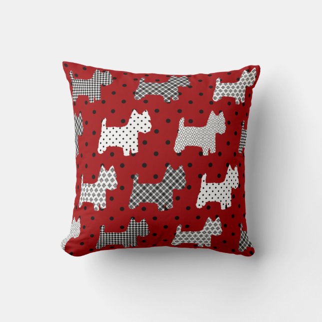 Coussin Rouge de carreau de Westies avec le pois noir (Recto)