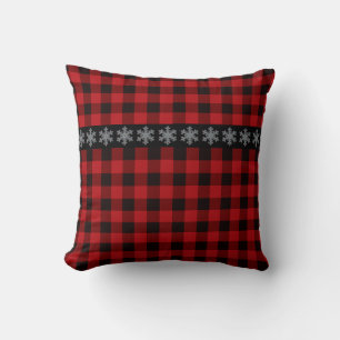 Coussin Rouge du pays, buffle noir plaid