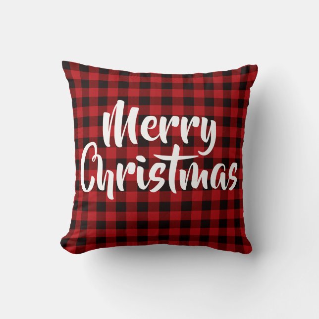 Coussin Rouge du pays, buffle noir plaid - Joyeux Noël (Recto)
