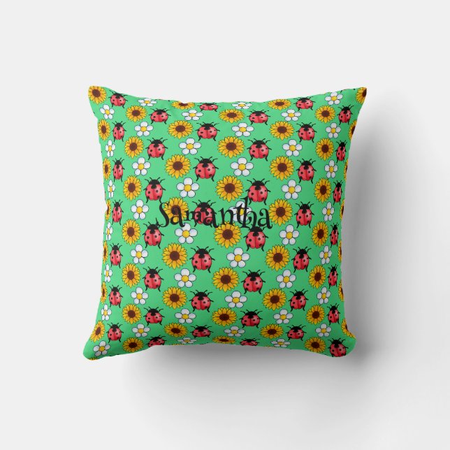 Coussin Rouge Et Noir Ladybug Avec Fleurs (Verso)