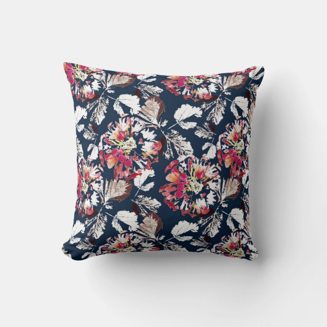 Coussin Rouge, fleurs blanches sur bleu. (Recto)