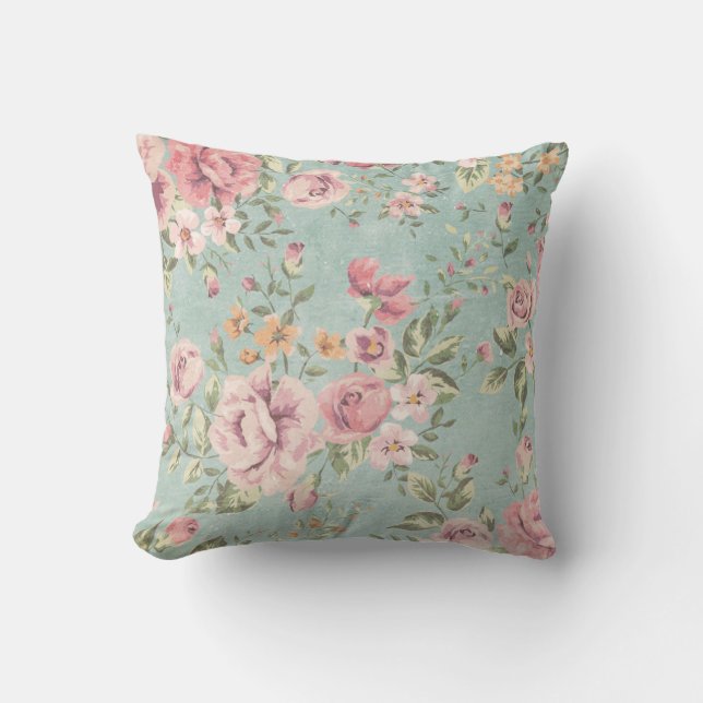 Coussin Rouge floral bleu-clair chic minable de victorian (Recto)