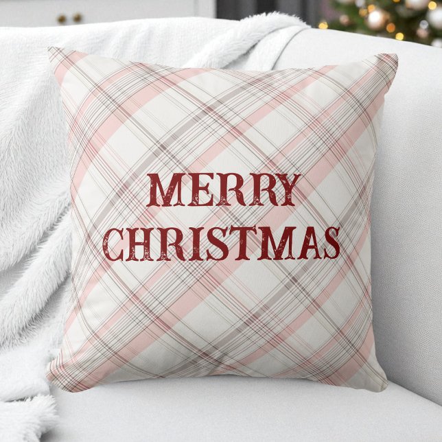 Coussin Rouge Joyeux Noël rose Plaid Motif moderne (Red Merry Christmas Pink Plaid Pattern Modern Throw Pillow)