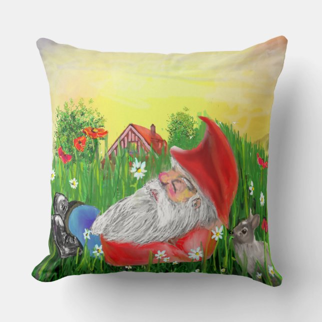 Coussin Rouge magique et vert Gnome et lapin (Recto)