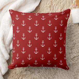 Coussin Rouge Nautique Avec Ancres Blanches