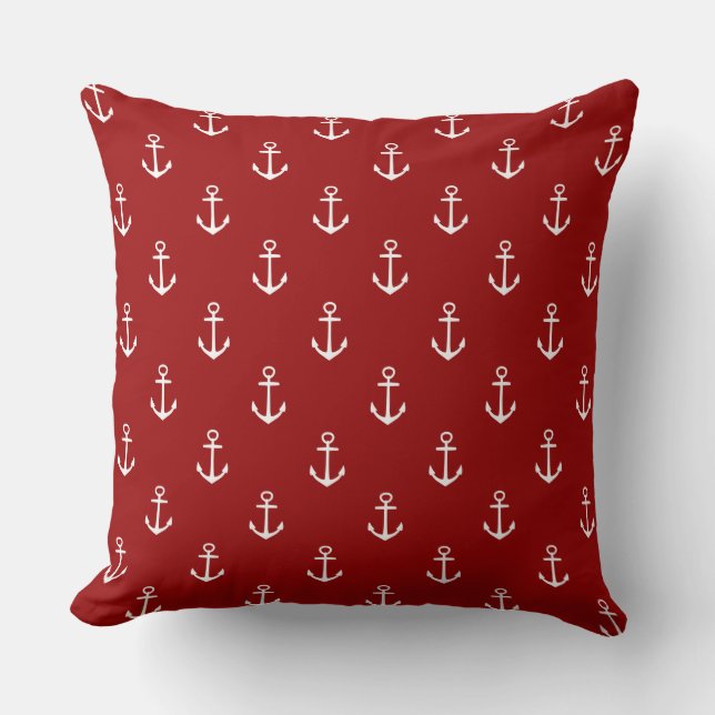 Coussin Rouge nautique avec les Ancres blanches (Recto)