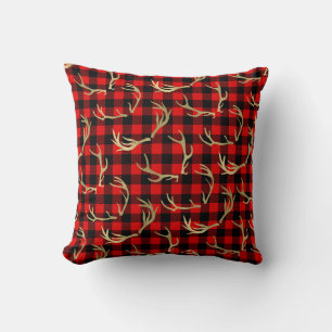 Coussin Rouge & Noir Buffle à carreaux & Bois de cerf doré