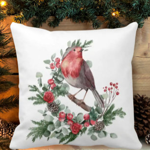 Coussin Rouge Oiseau de Noël Branches de houx Baies Cônes 