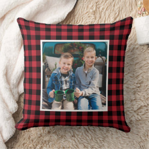Coussin Rouge Plaid Buffalo Noir Photo Noël