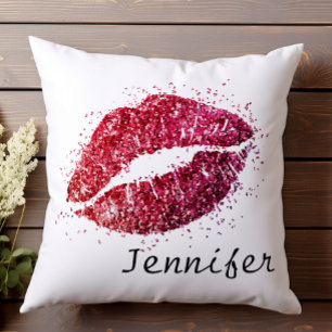 Coussin Rouge Rose Moderne Pailleté Bisous Lèvres Féminin