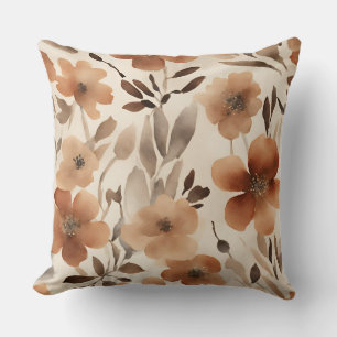 Coussin Rouge rouille brun beige floral aquarelle