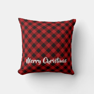 Coussin Rouge rustique et noir plaid - flocons de neige