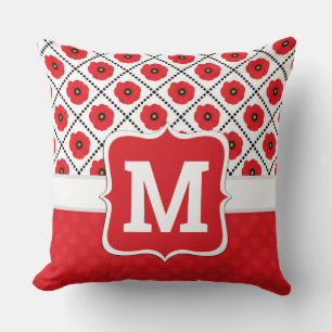 Coussin Rouge Shabby Chic, Coquelicots Monogramme Noir et 