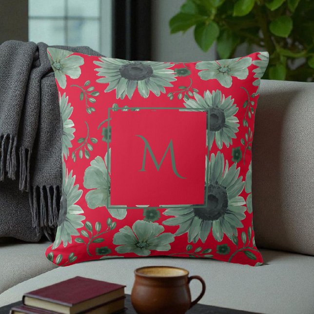 Coussin Rouge Vert aquarelle Script floral (Créateur téléchargé)